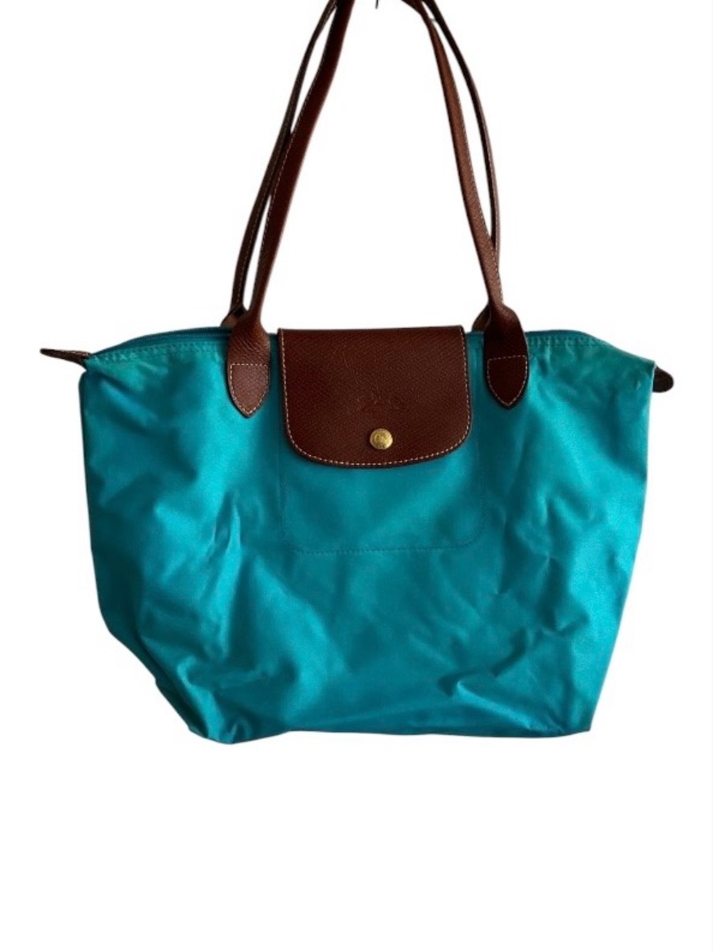 Longchamp Teal Nylon Tote with Brown Leather Trim